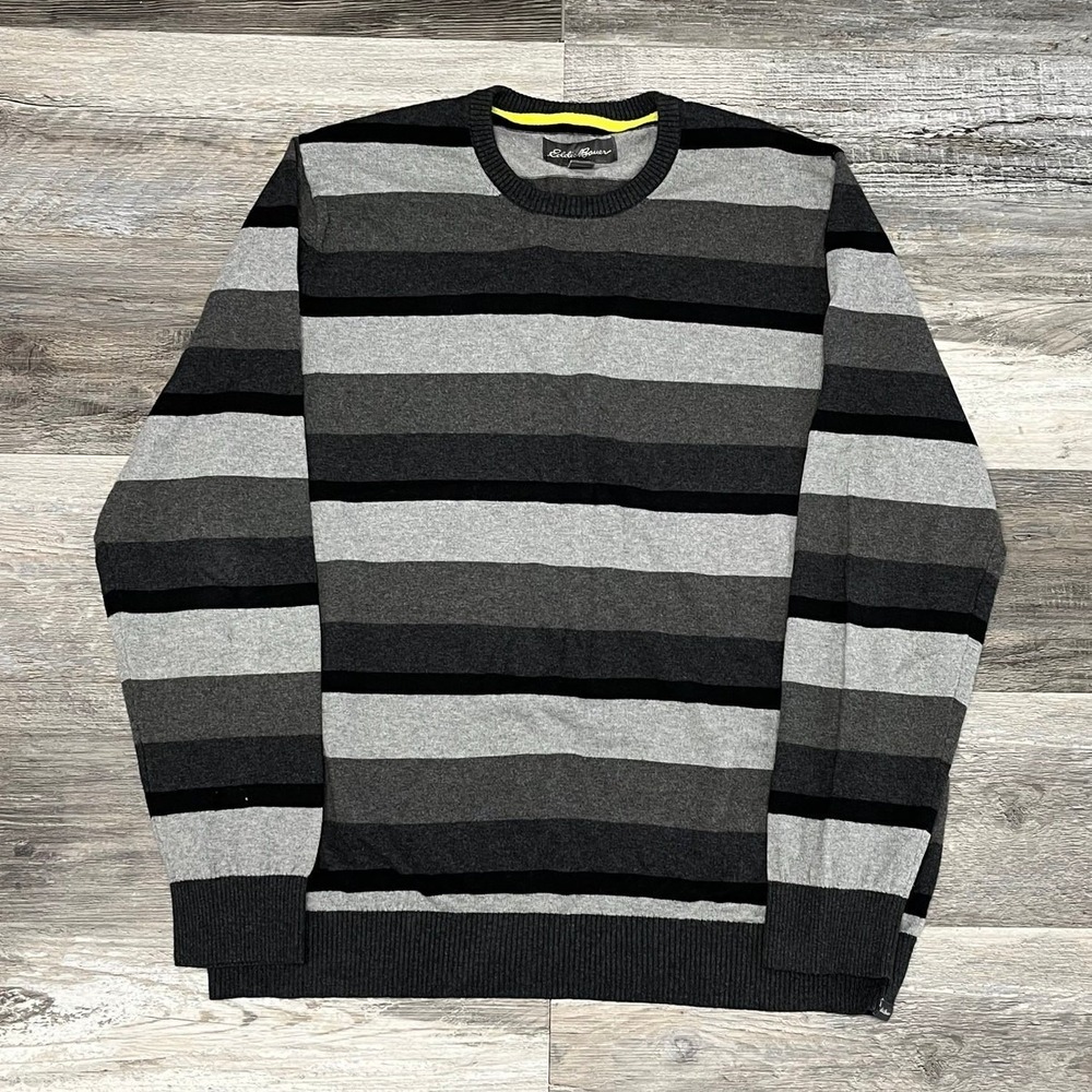 Eddie Bauer‎ Gray Black XL Striped Wool Blend Pullover 3 Tone Crewneck Sweater